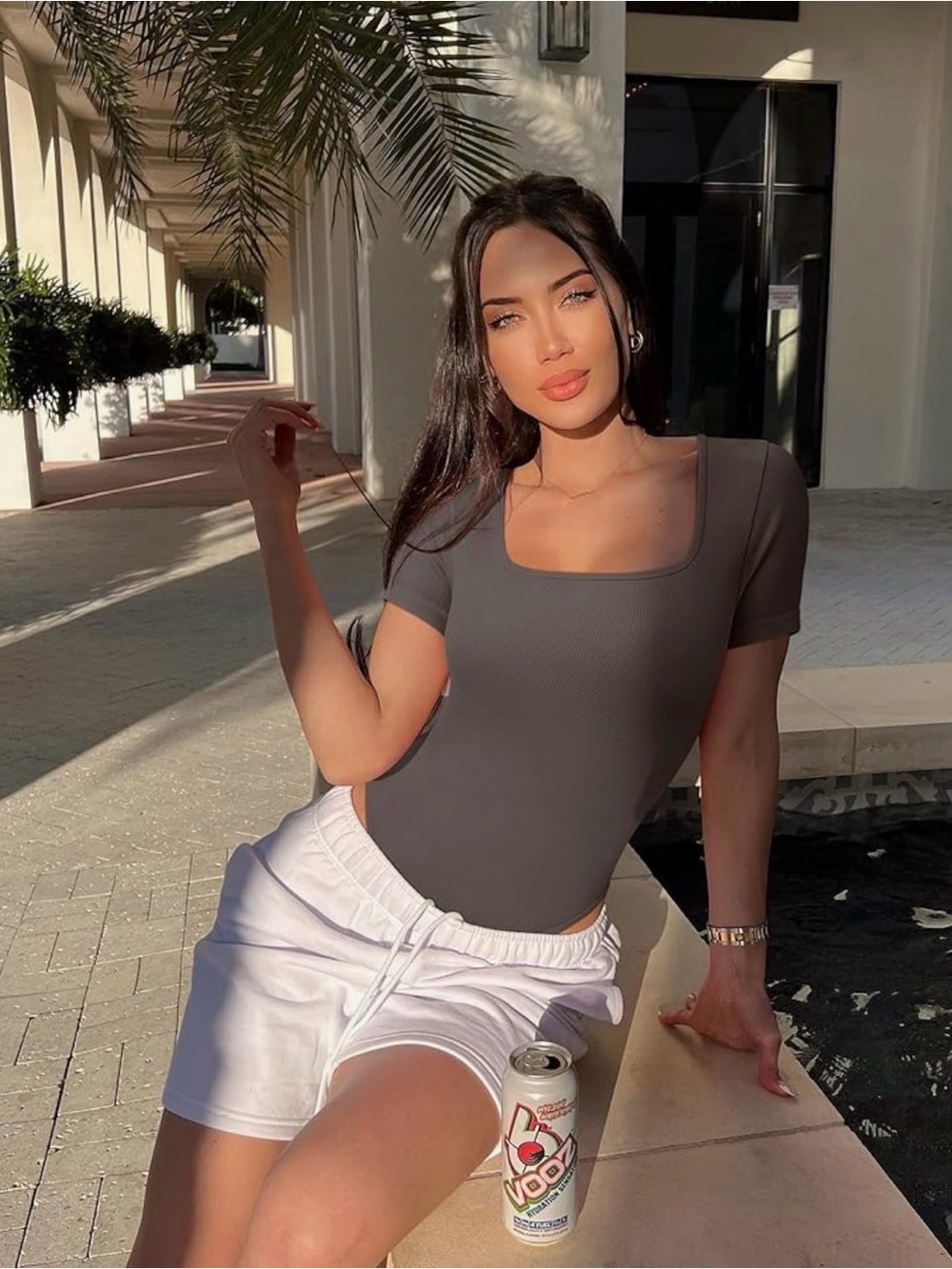 Square Neck Short Sleeve Bodysuit - Brown